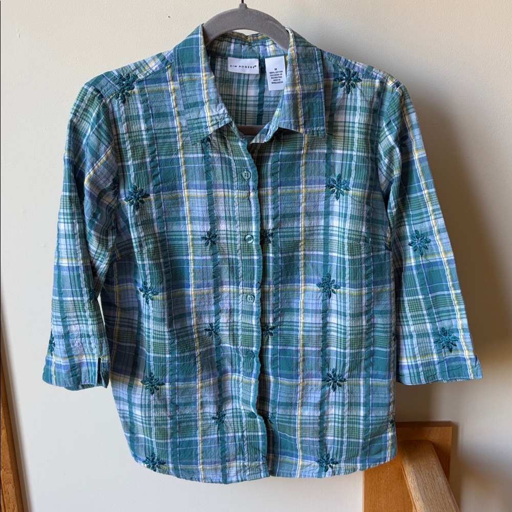 Kim Rogers Embroidered Madras Plaid Blouse Shirt 100% Cotton Medium